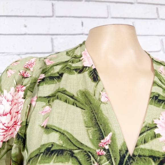 Agua Bendita Women's Large Peony Print Tie Wrap Top Dark Olive/Blush - Picture 3 of 10